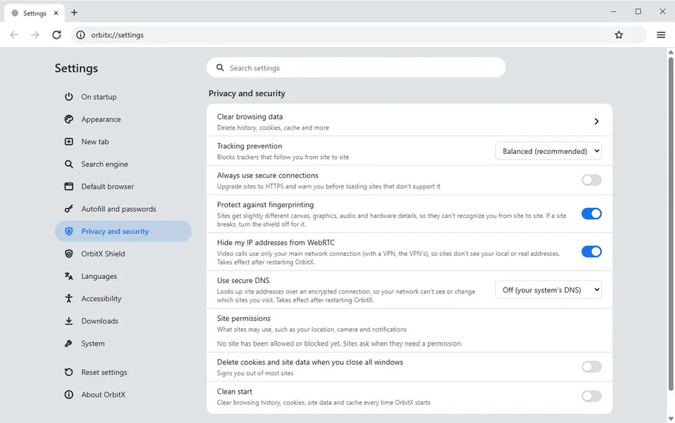 OrbitX settings, Privacy and security page: tracking prevention, secure connections, fingerprinting protection, WebRTC and secure DNS.